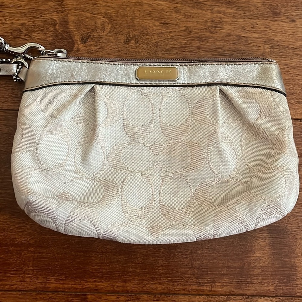 Coach Metallic Gold Khaki Signature Pleated Wristlet Handbag